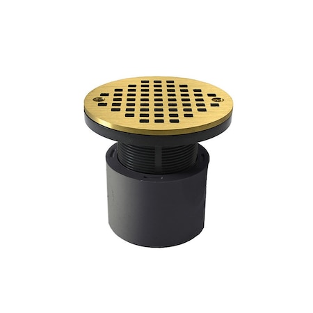 Jones Stephens 2in. PVC Over Pipe Fit Drain Base with 2in. Plastic Spud and 4in. Polished Brass Cast Strainer D53196